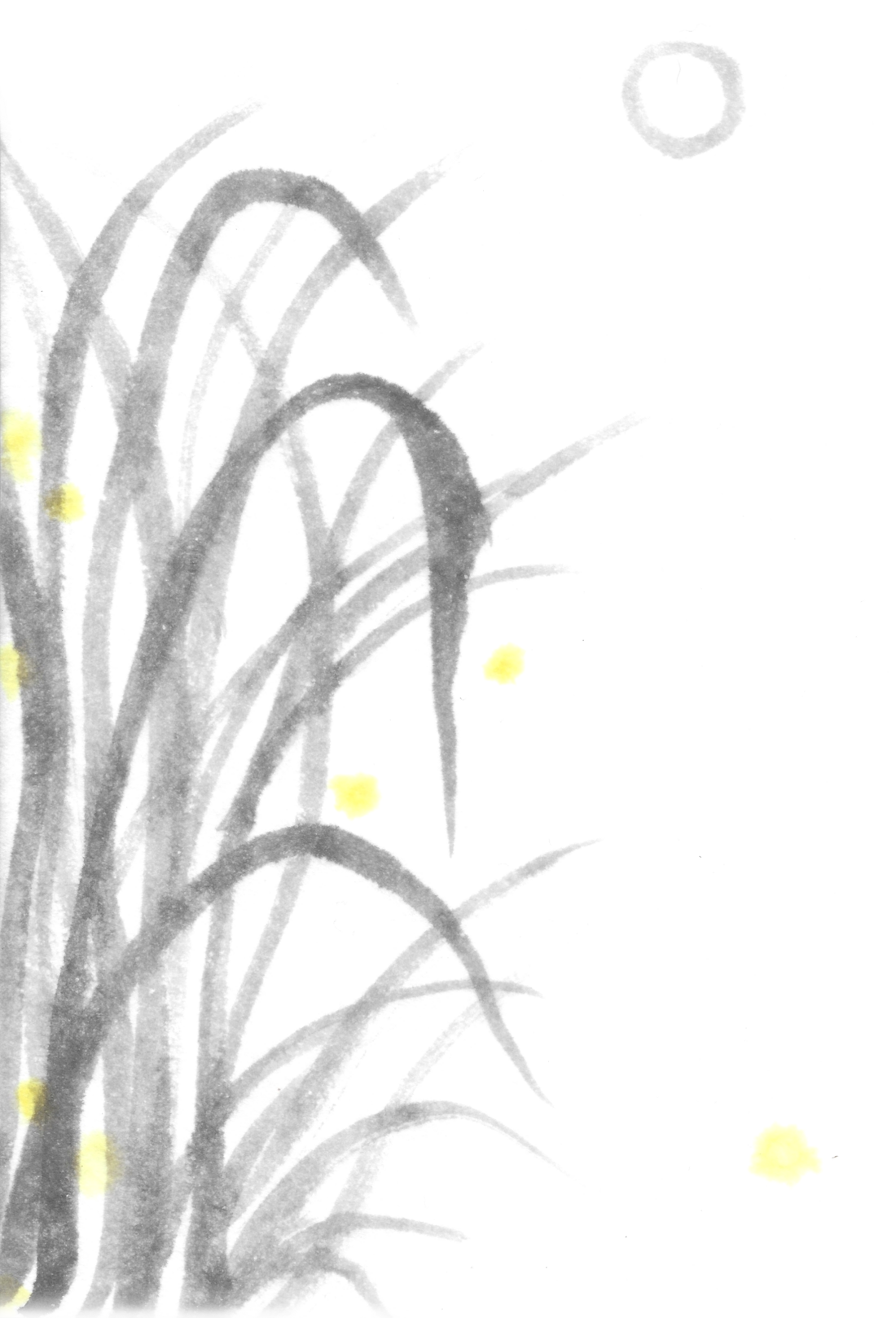 A simple sumi-e painting of blades of grass and yellow shining blobs between them, suggestiong fireflies.