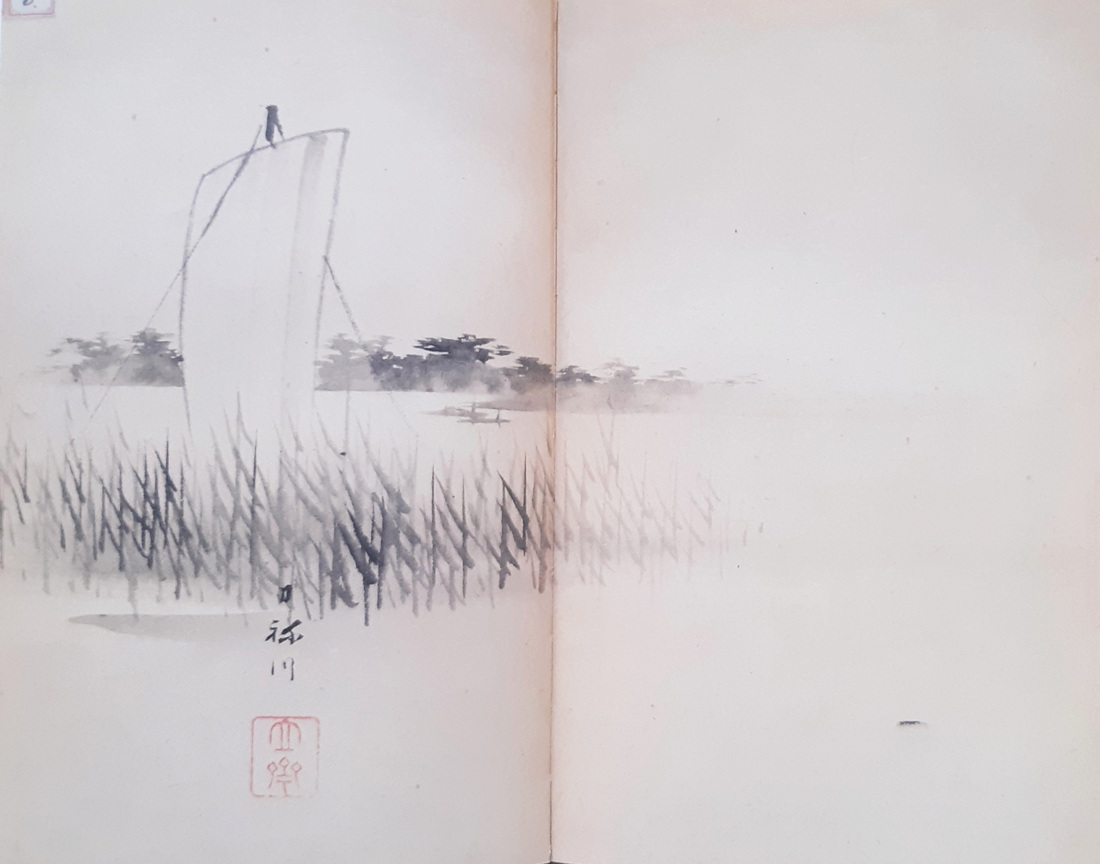 A sketch of a sailboat on a lake by Hiroshige in Japanese painting style. Only the sail is visible, with the rest of the boat hidden behind grasses.