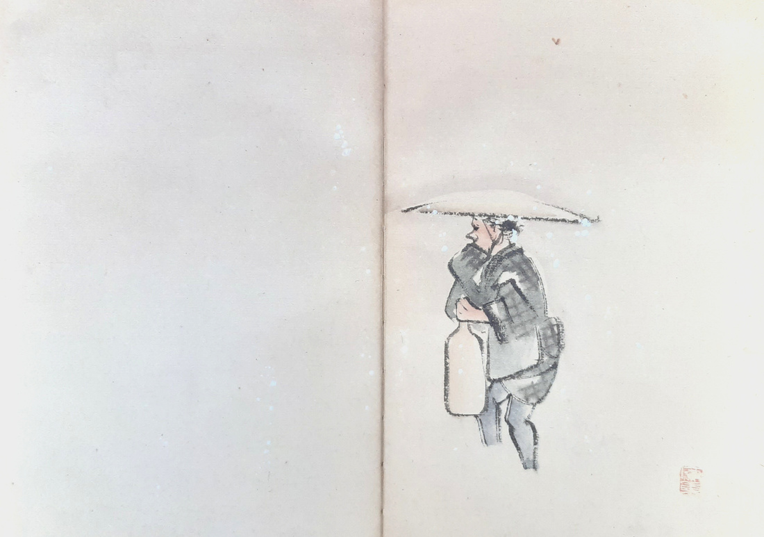 A Chinese painting-style sketch of a man walking in the snow, carrying a large sake bottle. He holds his sleeve across his mouth to protect himself from the cold. His feet are not visible, suggesting they are buried in the snow. A minimalist sketch with ample negative space.