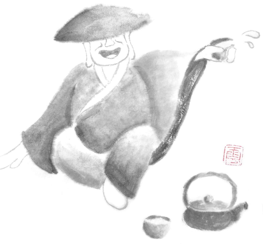 A black and white simple humorous sumi-e painting of a smiling Buddha with a large belly. He is wearing a traditional Zen robe and a wide Japanese hat that covers his eyes. Only his nose and a wide, smiling mouth are visible. He sits casually on the ground, leaning against it with one hand. In the other outstretched hand, he’s raising a teacup in a celebratory toast with great energy, causing a drop to splash from the cup. In front of him is a traditional tea kettle with another cup. Above the kettle is the Japanese character 'cloud' printed with a traditional red seal.