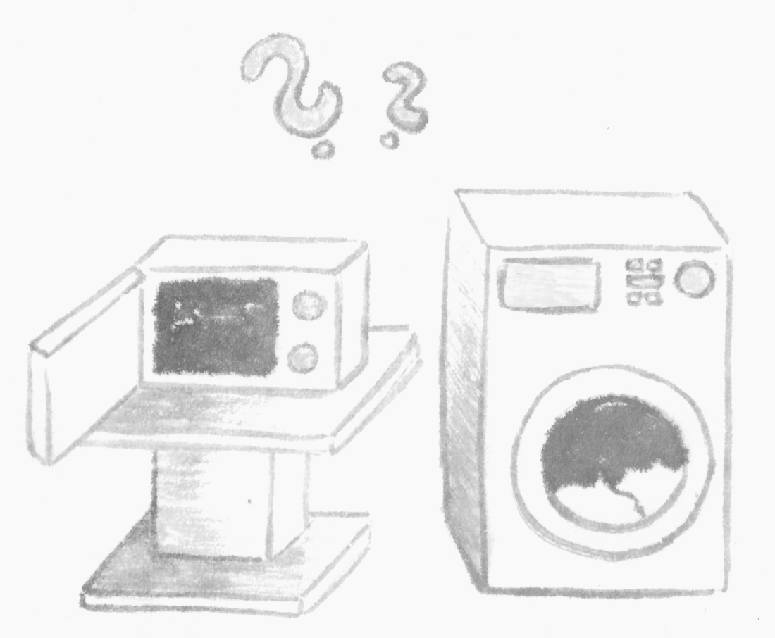 Small humorous sumi-e painting that shows an open empty microwave and next to it a closed washing machine with laundry in it. There are question marks above the microwave.