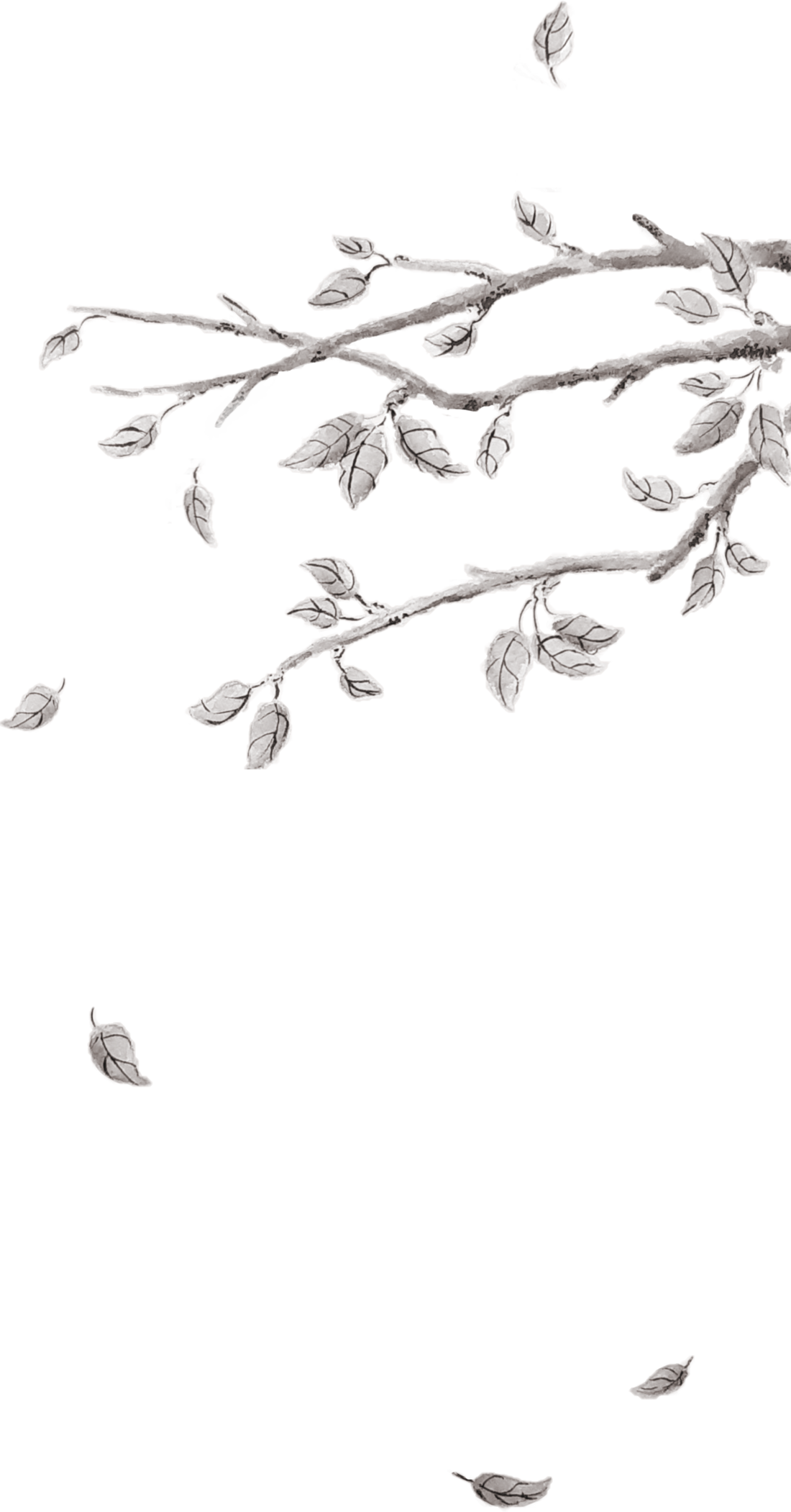 Black and white ink painting of a few branches with leaves swaying playfully in the breeze, some of them falling down.