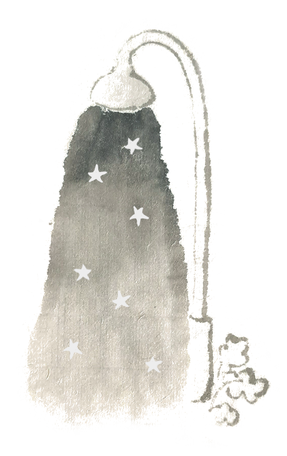 A simple sumi-e painting of a street lamp shining darkness, with small white stars scattered within its glow, creating a night-sky effect.