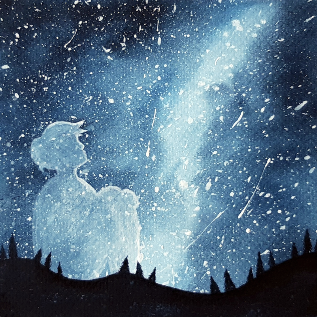 A watercolor painting of a girl sitting on hills and watching dark sky filled with stars. The girl depicted is much larger than a normal human size and she's transparent to suggest transcendence and merging with the sky.