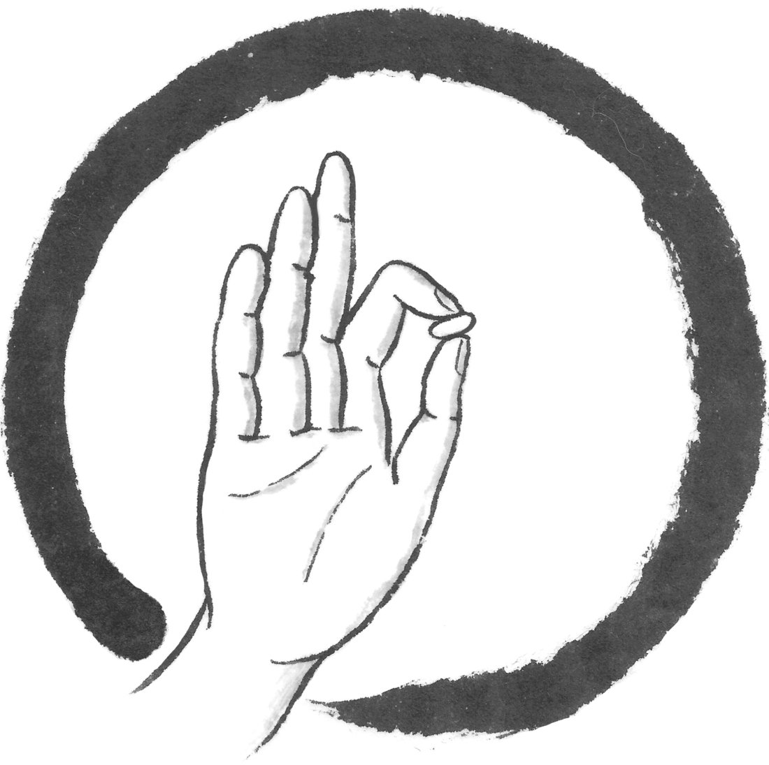 Ink painting of a hand in Vitarka mudra, with an open and forward-facing palm and the index finger touching the thumb. A grain of rice rests between the index finger and thumb. Enso, the Zen circle, is behind the hand, symbolizing the Moon in this case.