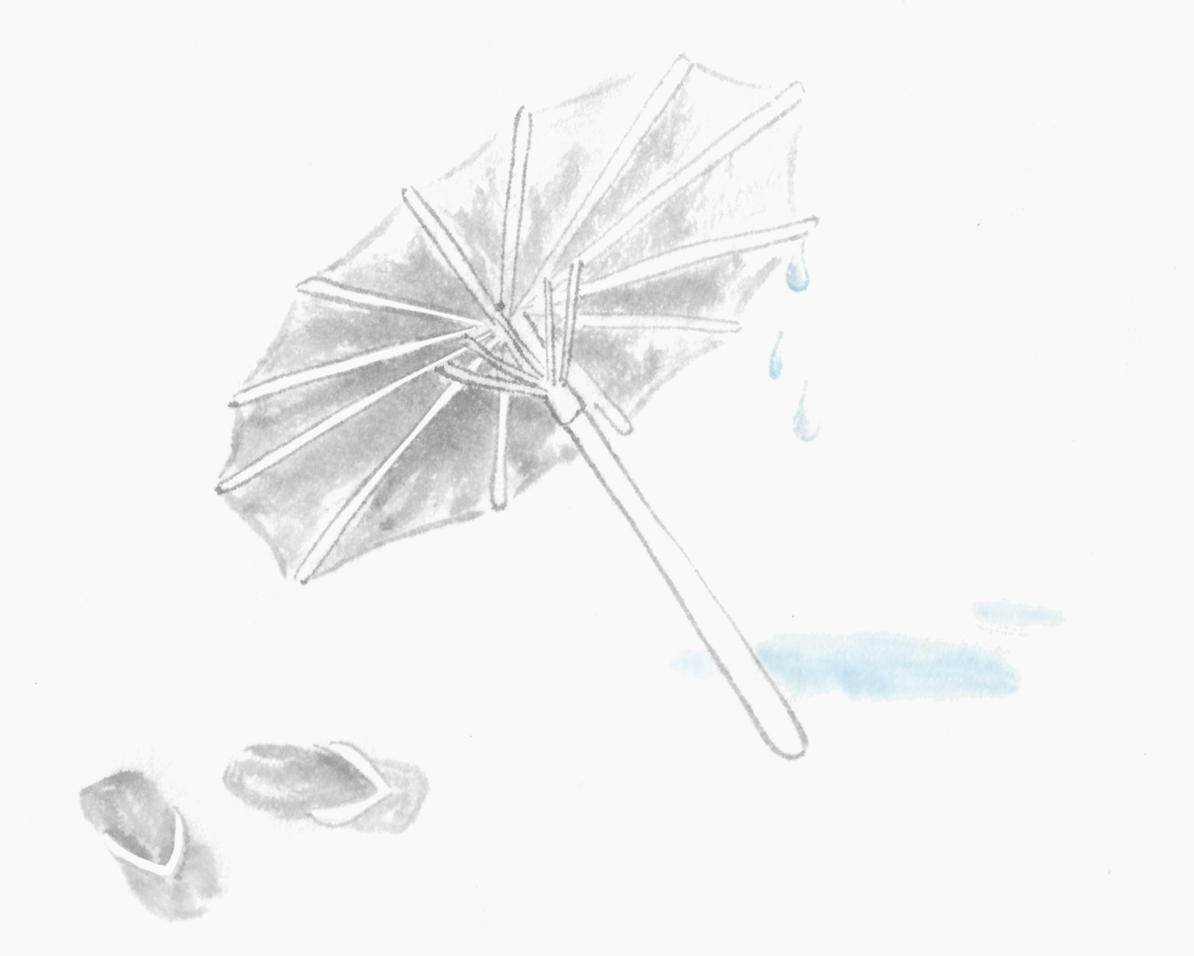 Small humorous sumi-e painting depicting an umbrella set aside and sandals next to it. Water droplets drip from the umbrella, forming a puddle.